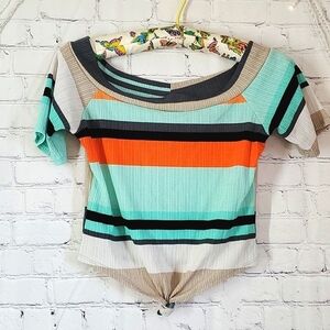 Route 3 Made in USA Neutral Tones Striped Fall Tshirt Tie Front Belly Tee Sz M